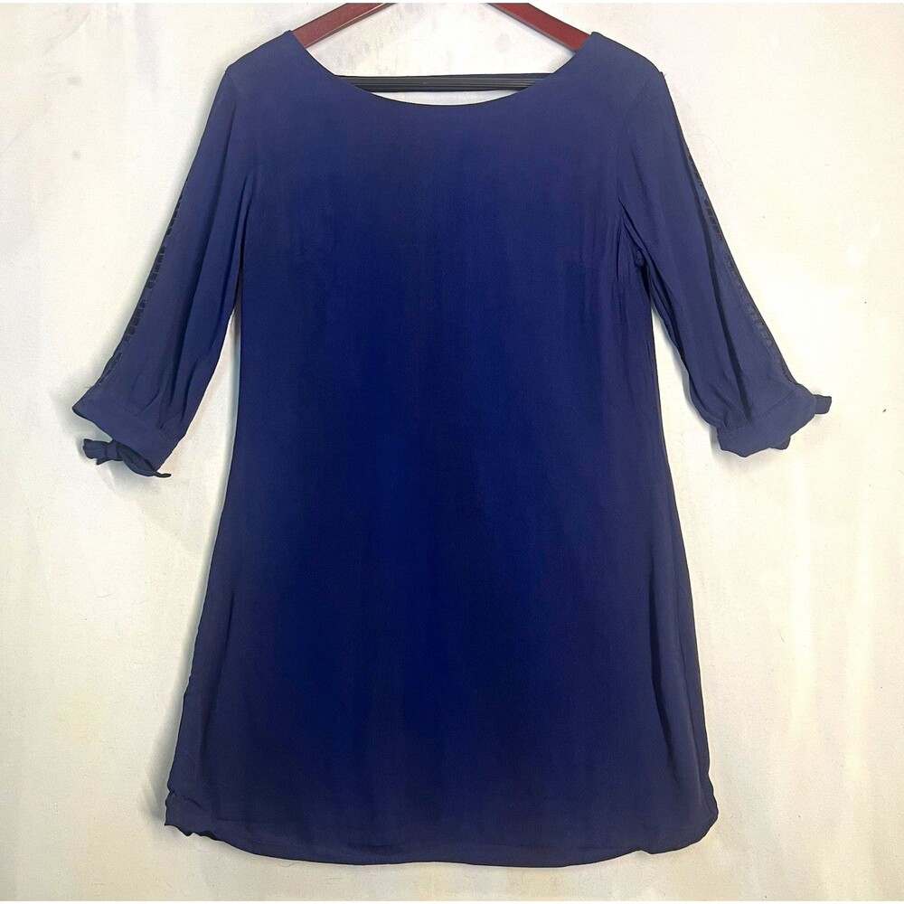 Aakaa Dress Blue Scoop Neck 3/4 Sleeve Tie Cut-Out Size S